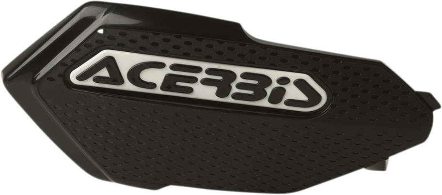 A pair of ACERBIS Black and White X-Elite Handguards for motorcycle handlebars, mounted on a bike handlebar.