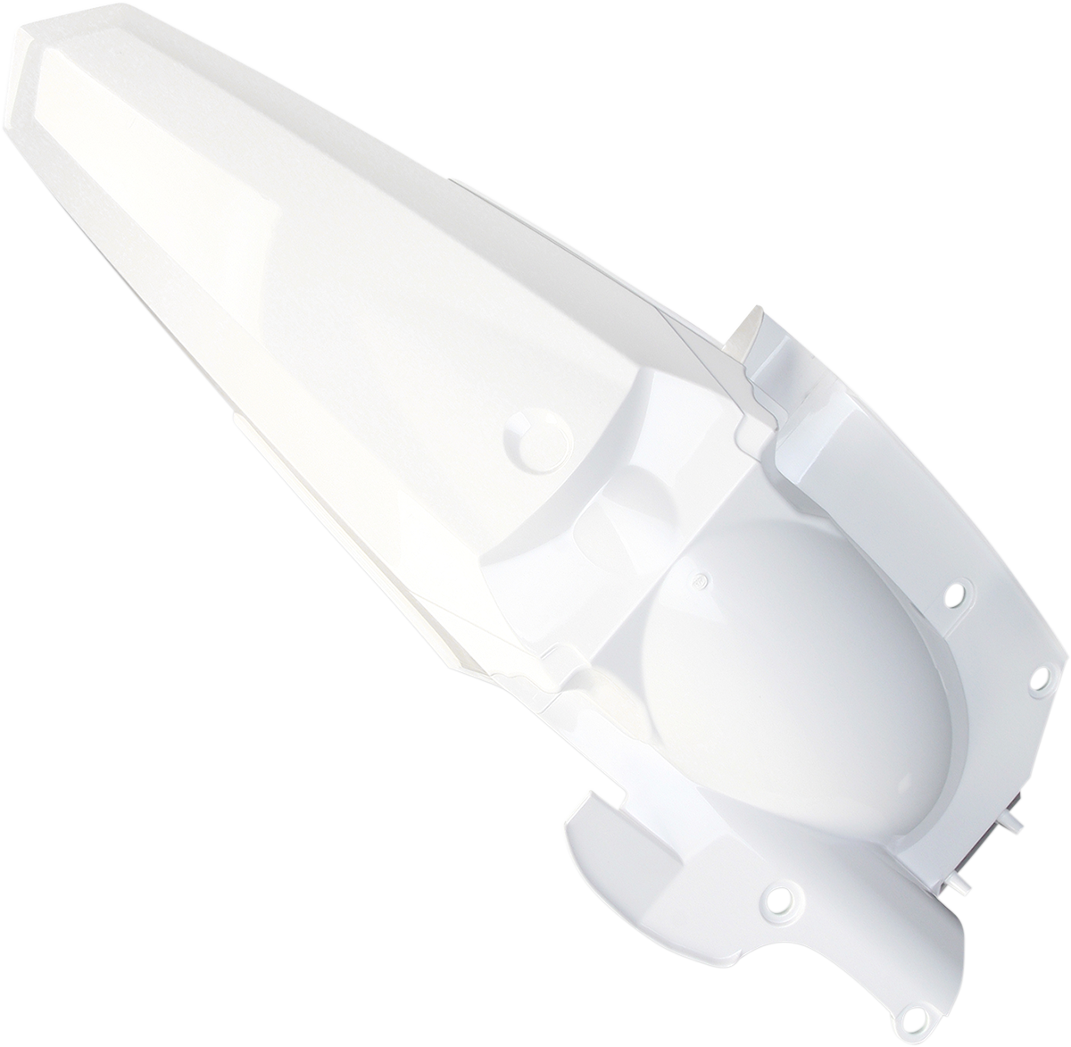 A white Acerbis rear fender for motorcycle, mounted on a bike, showcasing its durable plastic body design.
