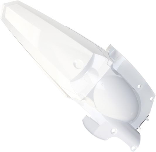 A white Acerbis rear fender for motorcycle, mounted on a bike, showcasing its durable plastic body design.