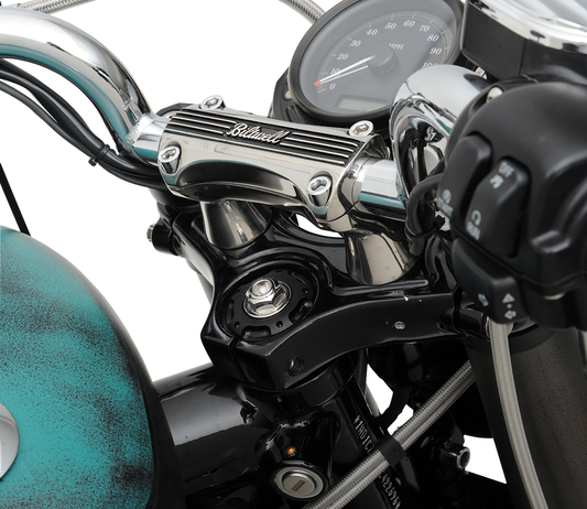 Polished 2-inch BILTWELL Thunder Risers handlebars by Bill's Exhausts, showcasing their sleek, shiny metal finish and ergonomic design.