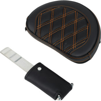 Bill's Exhausts SADDLEMEN Roadsofa™ motorcycle seat with backrest in orange stitch for FL models 2008-2023, close-up view.