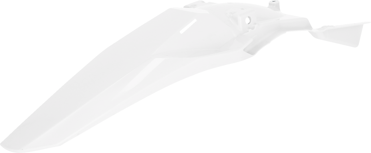 A white Acerbis rear fender for dirt bikes, with a sleek body design and mounting points visible, designed by Bill's Exhausts.