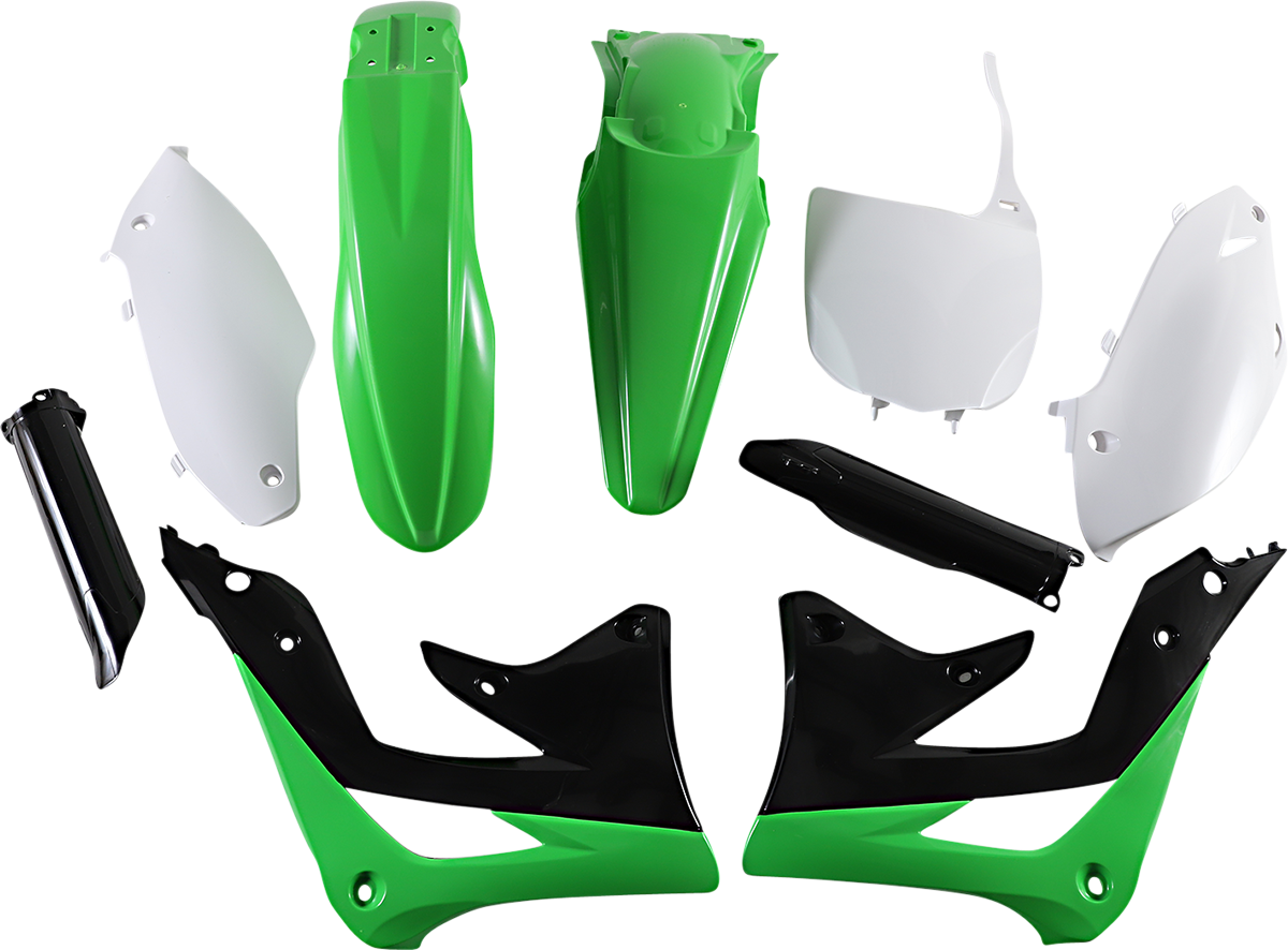 A full replacement body kit for an Acerbis motorcycle in green, black, and white, designed for OEM fit and durable construction.