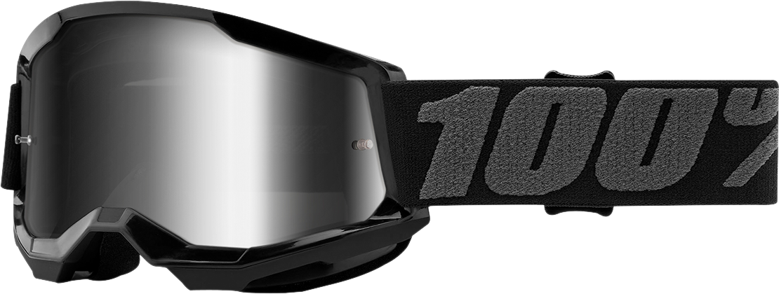 Bill's Exhausts 100% Youth Strata 2 goggles in black with silver mirror lenses, featuring a sleek design for active sports.