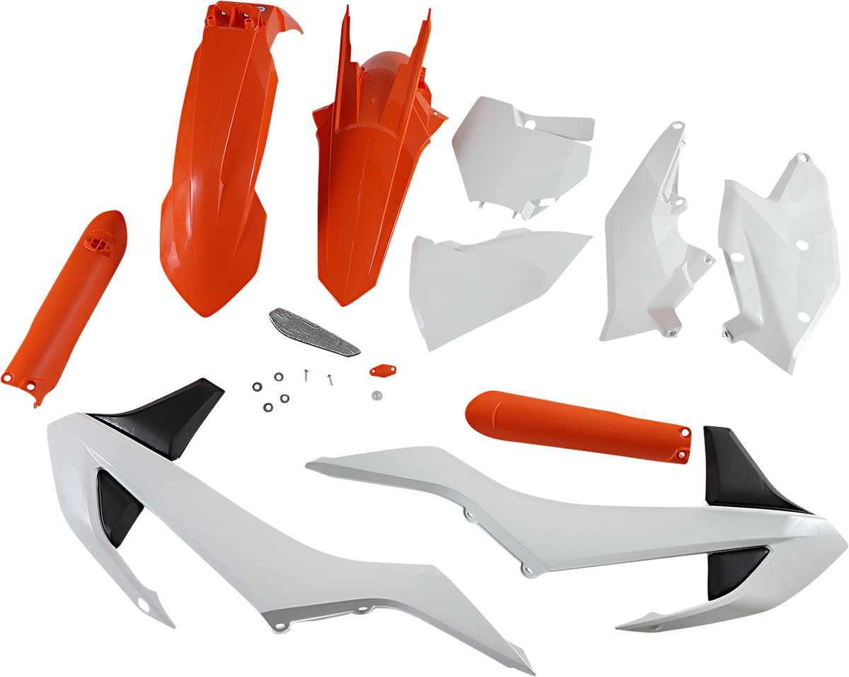 A full replacement body kit by Acerbis in orange, white, and black for OE 2017 motorcycle, showcasing the sleek design and fit.
