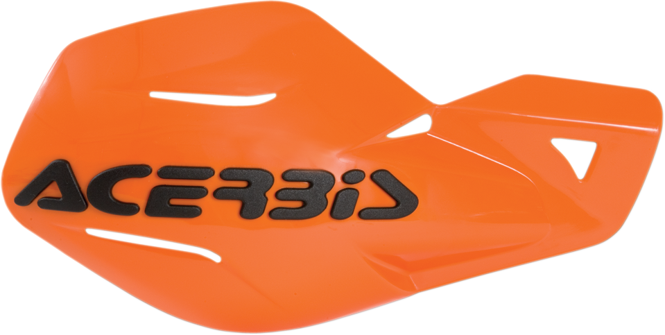 A pair of orange ACERBIS Uniko handguards for motorcycle handlebars, designed for protection and style.