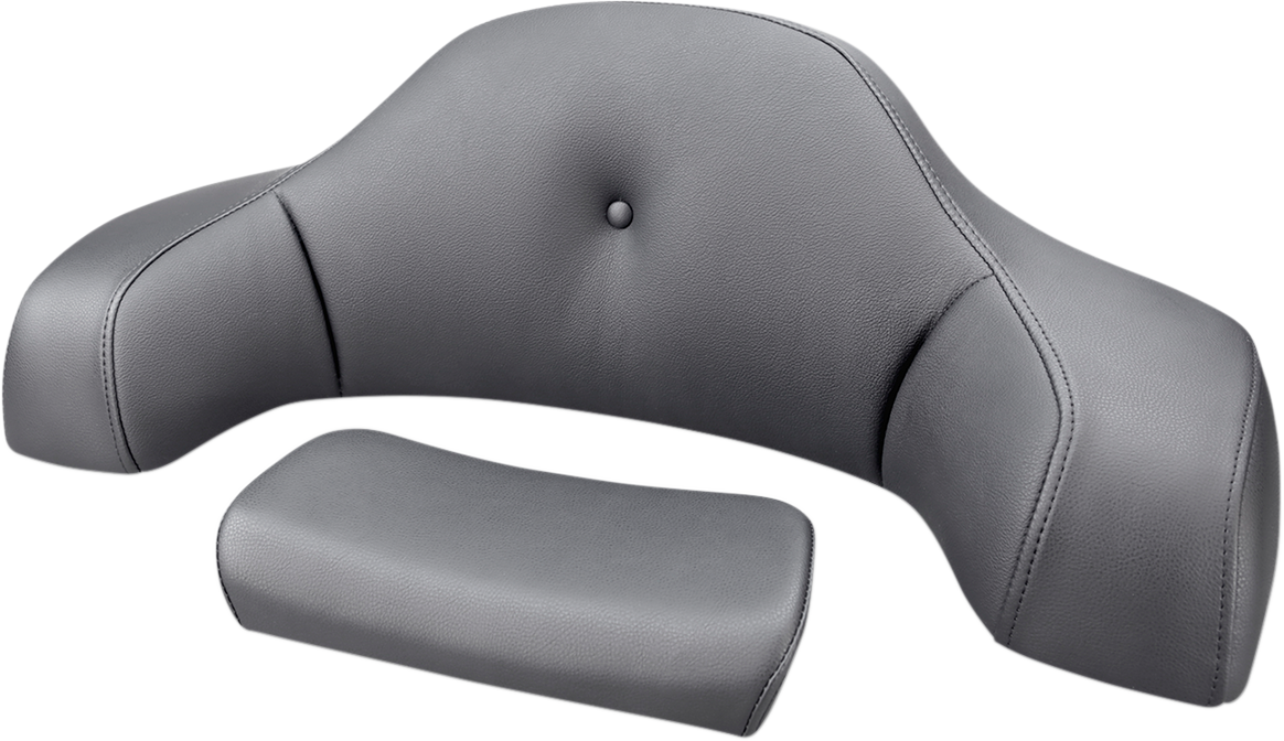 SADDLEMEN Tour-Pak Backrest Pad Cover with pillow top for Indian motorcycles, shown on seat with textured black material.