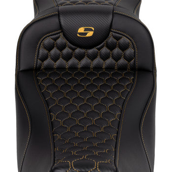 SADDLEMEN RoadSofa™ seat in honeycomb gold stitch with extended reach, without backrest, designed for FLH and FLT models 2008-2023