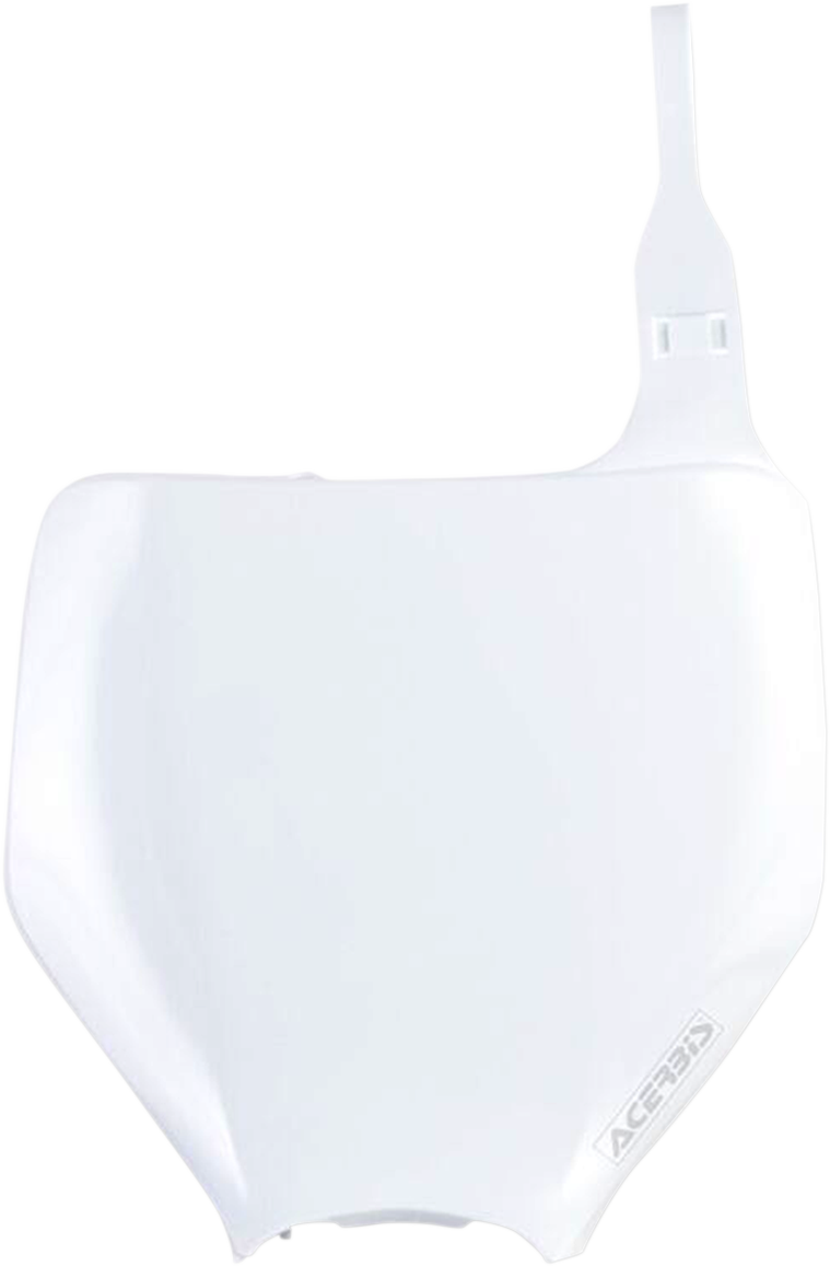 Acerbis white front number plate for motorcycles, mounted on a body panel, with branding and mounting holes visible.