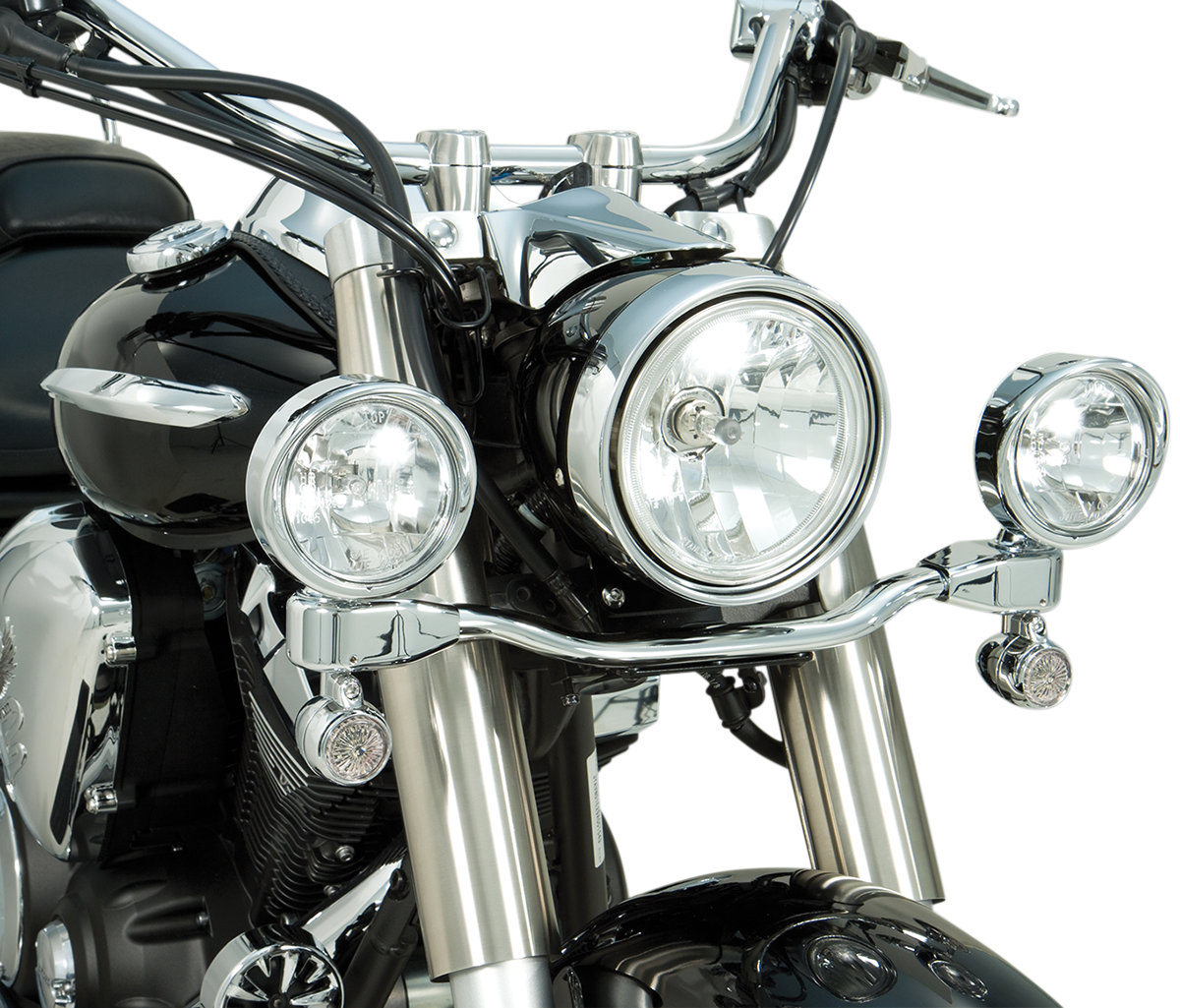 Bill's Exhausts SHOW CHROME driving light kit installed on V-Star 950 engine, featuring chrome finish and compact design.