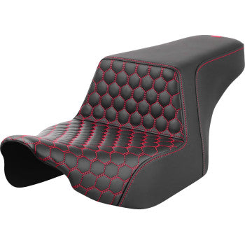 Bill's Exhausts SADDLEMEN Step-Up Seat for FL 2023-2024, front honeycomb design with red stitching, motorcycle seat accessory