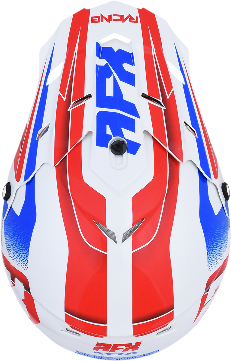 Bill's Exhausts AFX FX-17 Peak Force helmet in red, white, and blue with aerodynamic design and clear visor for motorcycle riding.