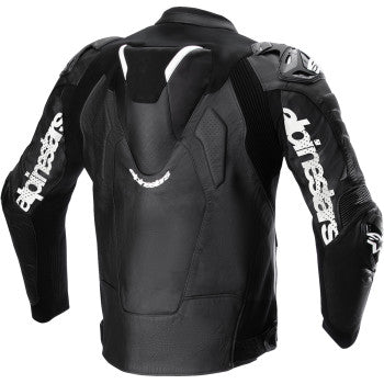 Alpinestars Atem v5 leather motorcycle jacket in black and white, US 40 / EU 50, displayed on a mannequin.