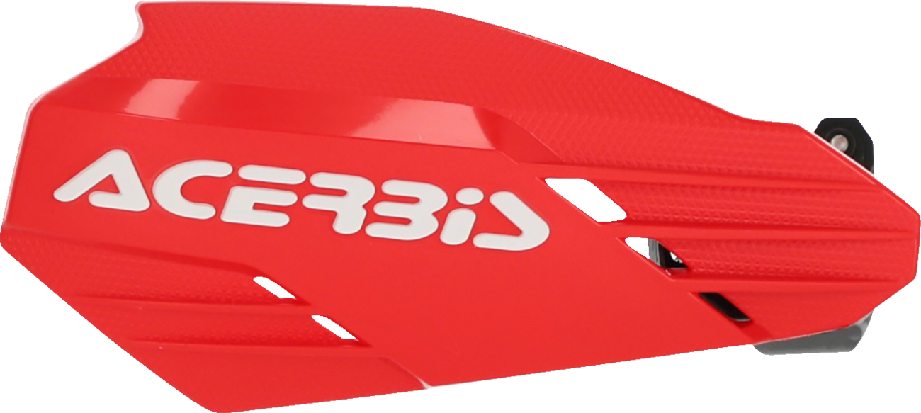 Acerbis Linear Handguards in red and white mounted on motorcycle handlebars, providing protection for rider's hands.