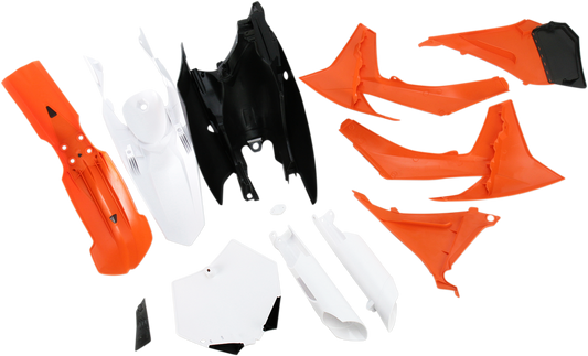 Acerbis full replacement motorcycle body kit in orange, black, and white for OEM '11 model, featuring sleek, aerodynamic design.