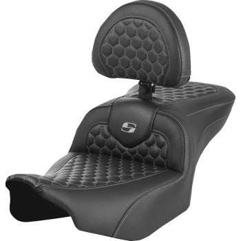 Gray SADDLEMEN Roadsofa™ motorcycle seat with backrest, honeycomb design and gray stitching for FLTR/FLHX 2023-2024 models.