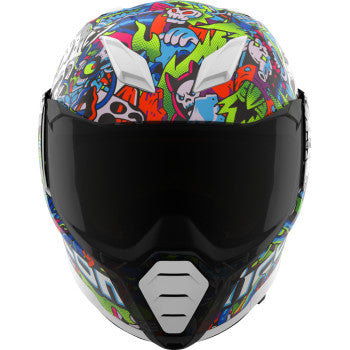 Blue ICON Ultraflite Doodle 3 helmet with MIPS® technology, medium size, featuring a colorful graphic design and ventilation openings.