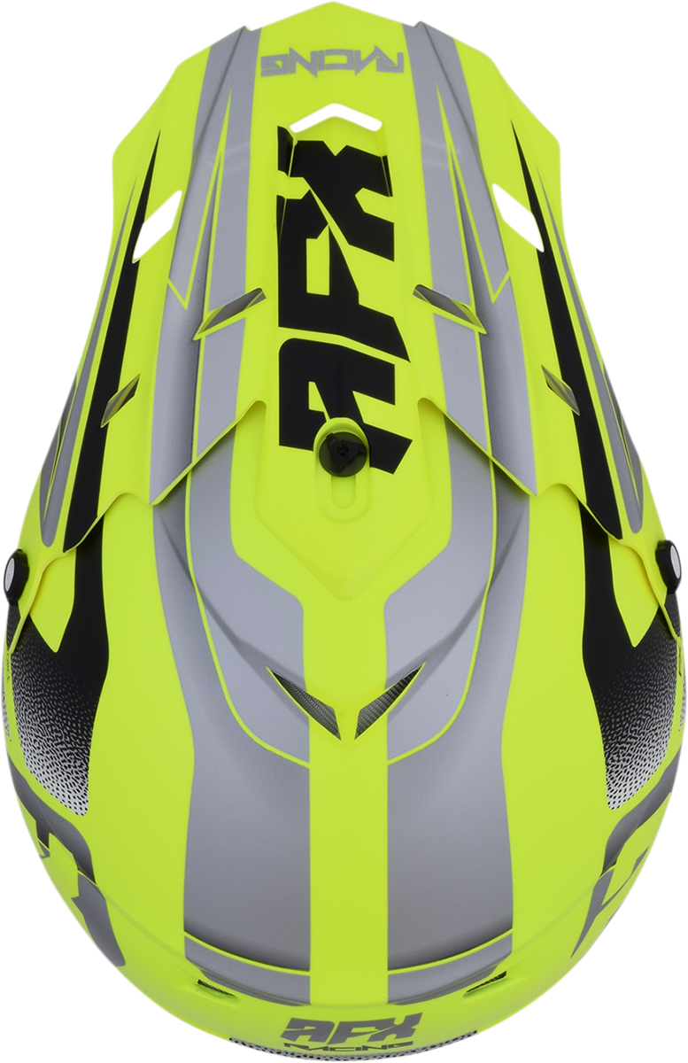 Bill's Exhausts AFX FX-17 Peak Force helmet in matte neon yellow and silver, featuring a sleek aerodynamic design.