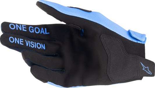Alpinestars Youth Radar Gloves in light blue and black, XS size, featuring protective padding and sporty design for young riders.