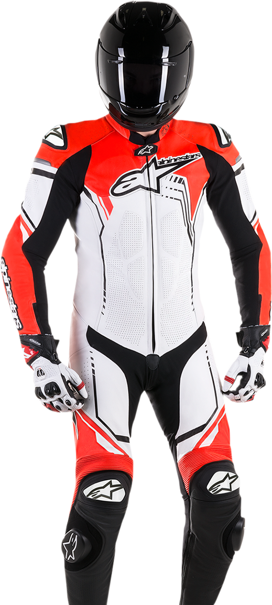 Alpinestars GP Plus v2 1-piece leather motorcycle suit in white, black, and red fluorescent, US 46 / EU 56, front view.