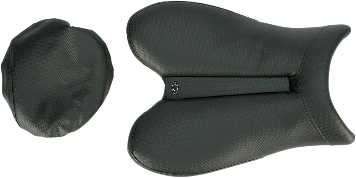 Black SADDLEMEN Gel Channel Track Carbon Fiber Sport Seat for R6 motorcycle, featuring sleek carbon fiber design and ergonomic shape
