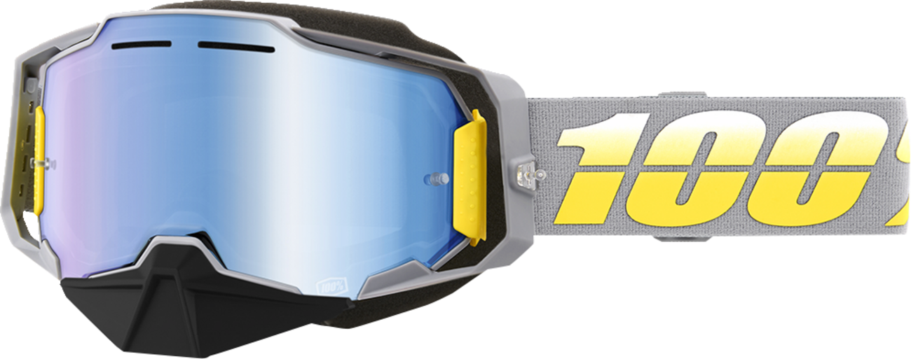 Bill's Exhausts Armega Snow Goggles with blue mirror lenses, showcasing the complex frame design and reflective blue tinted lenses.