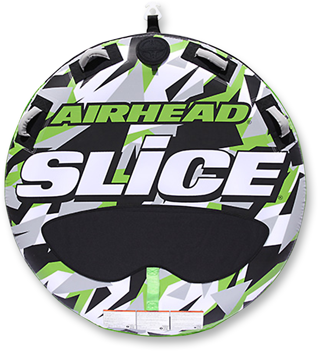 Colorful AIRHEAD Slice towable water tube on water, featuring the Bill's Exhausts branding and vibrant, inflatable design.