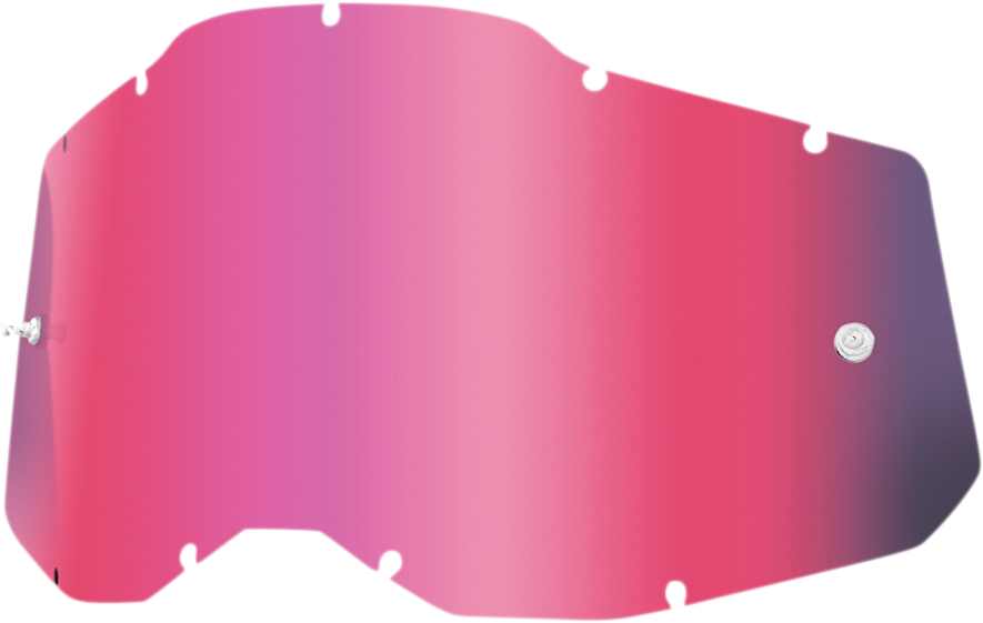 Pink mirror lenses for 100% Youth Accuri 2 and Strata 2 helmets by Bill's Exhausts, featuring high-quality protective lens design.