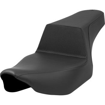 Black SADDLEMEN Step-Up Seat with Gripper Lumbar for Street Glide and Road Glide bikes, featuring extended reach design.