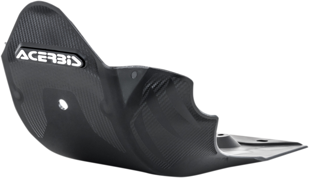 Black ACERBIS MX skid plate for motorcycle body protection, shown installed on a bike frame in a close-up view.