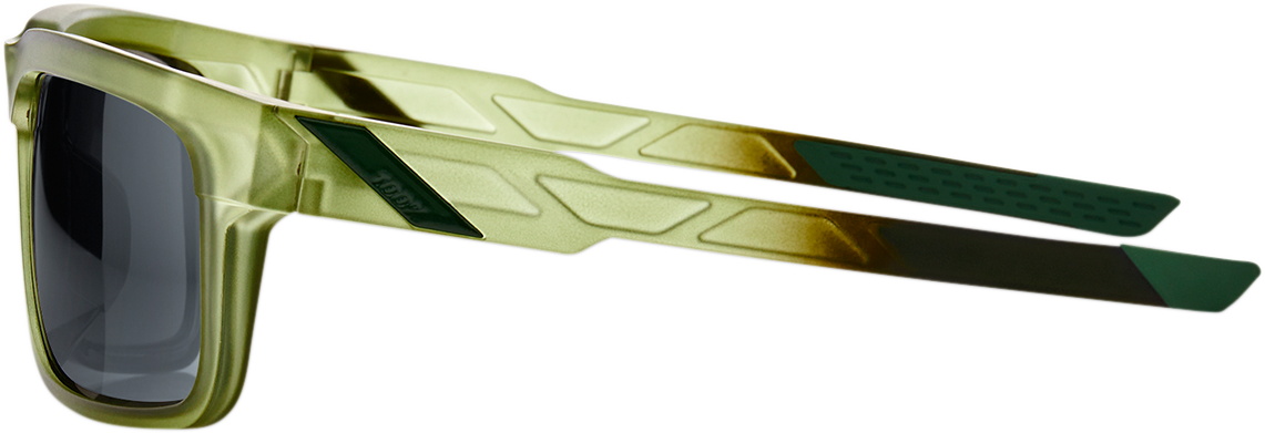 Bill's Exhausts 100% Type-S sunglasses with black mirror lenses and olive green frames, stylish and protective eyewear.