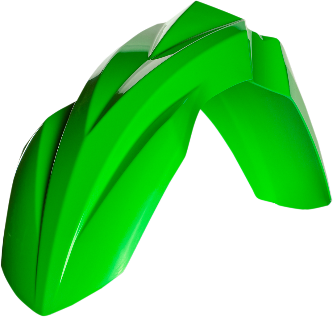 Acerbis fluorescent green front fender for motorcycle, showing its curved plastic body with bright green color and mounting points.