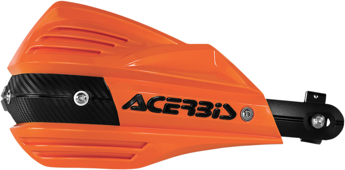 Acerbis X-Factor handguards in orange and black, designed for motorcycle handlebars to protect hands during rides.