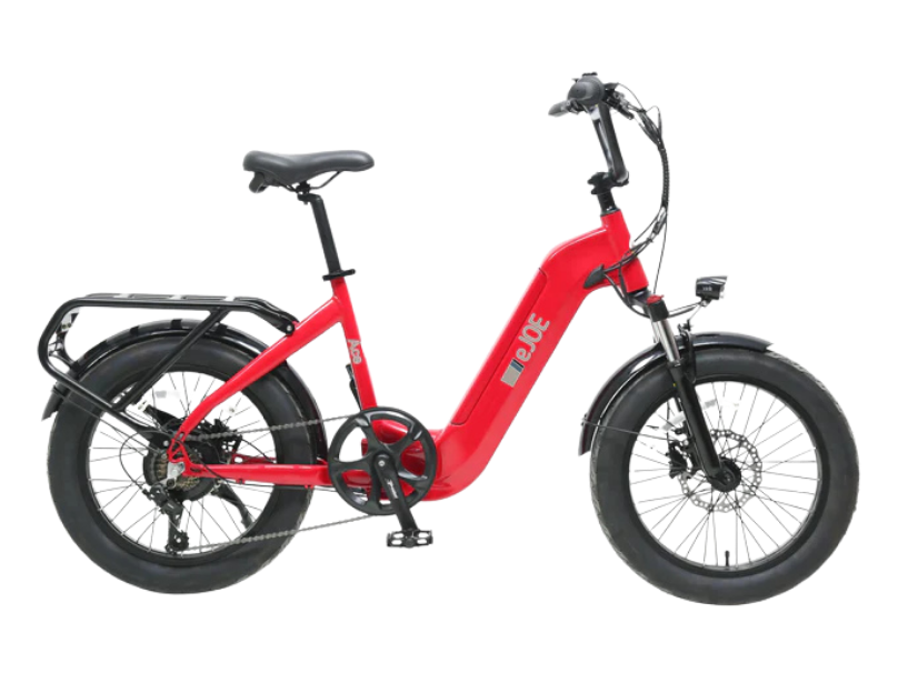 eJOEbike Collie Cargo eBike with sturdy frame and cargo rack, shown in black and red on a paved road.