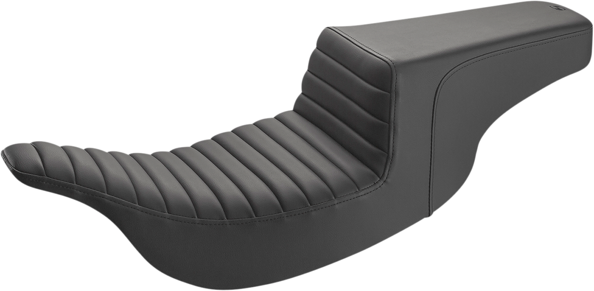 Black SADDLEMEN Step-Up Seat with front tuck-n-roll design for motorcycles, featuring a sleek, padded black leather finish.