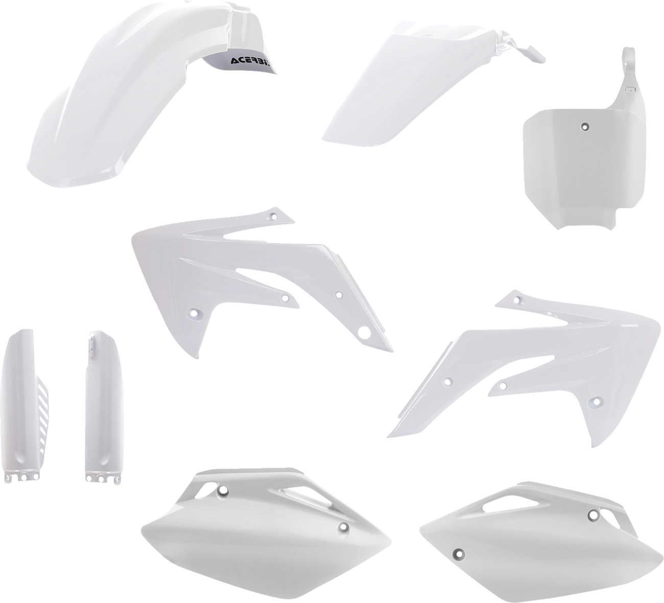 White Acerbis full replacement body kit for motorcycles, featuring sleek panels and components, designed for a seamless fit.