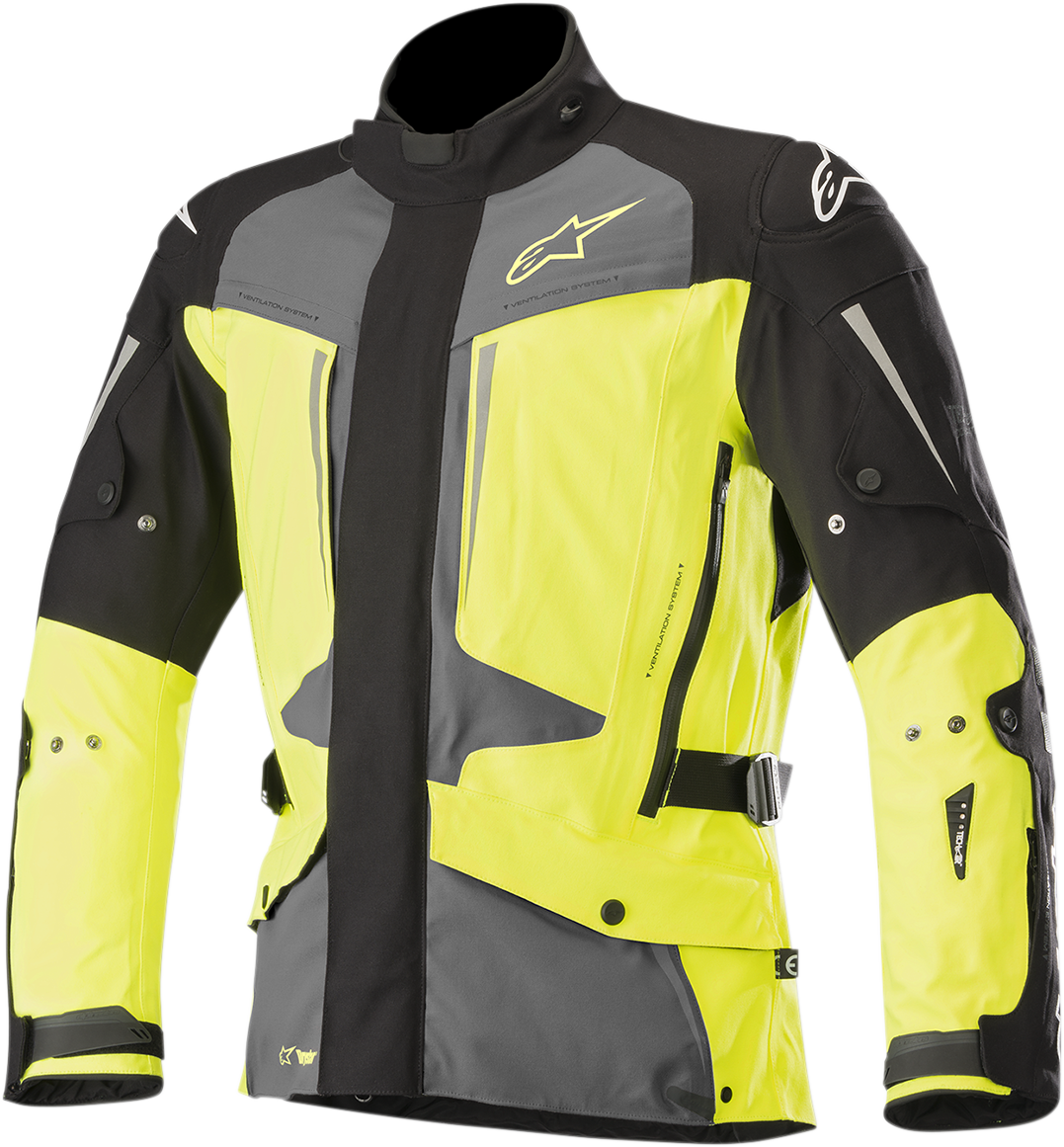 Alpinestars Yaguara Drystar® motorcycle jacket in black, gray, and yellow, size XL, featuring protective armor and water-resistant fabric.