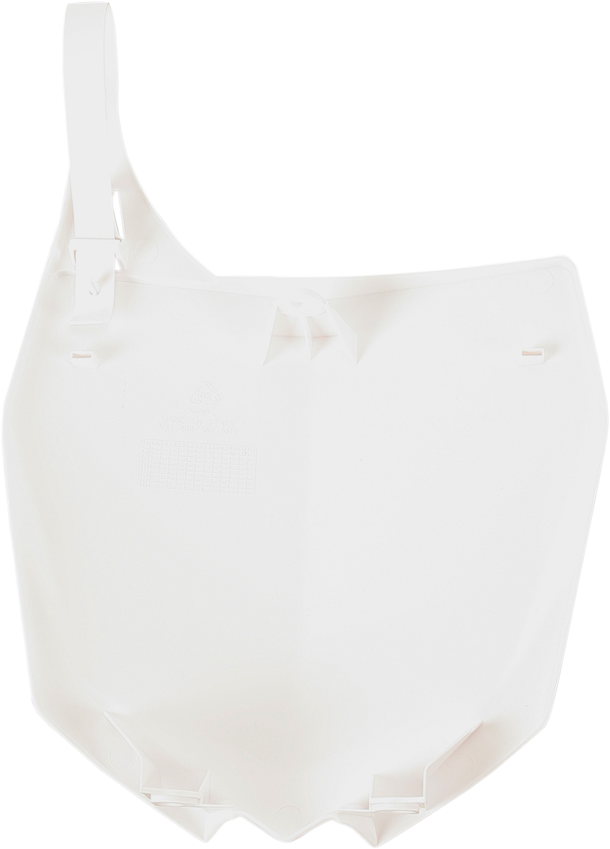 White Acerbis front number plate for motorcycle, showcasing a sleek body design with mounting holes, ideal for custom bike builds.