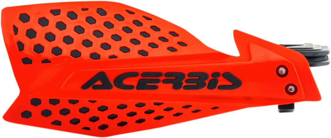 Acerbis X-Ultimate motorcycle handguards in red and black, mounted on handlebars with a durable body design.
