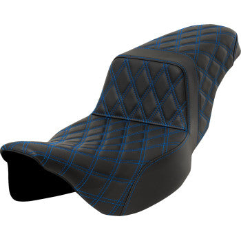 Blue stitched SADDLEMEN Step-Up Seat with lattice pattern and extended reach for FLH/FLT bikes 2008-2023, by Bill's Exhausts.