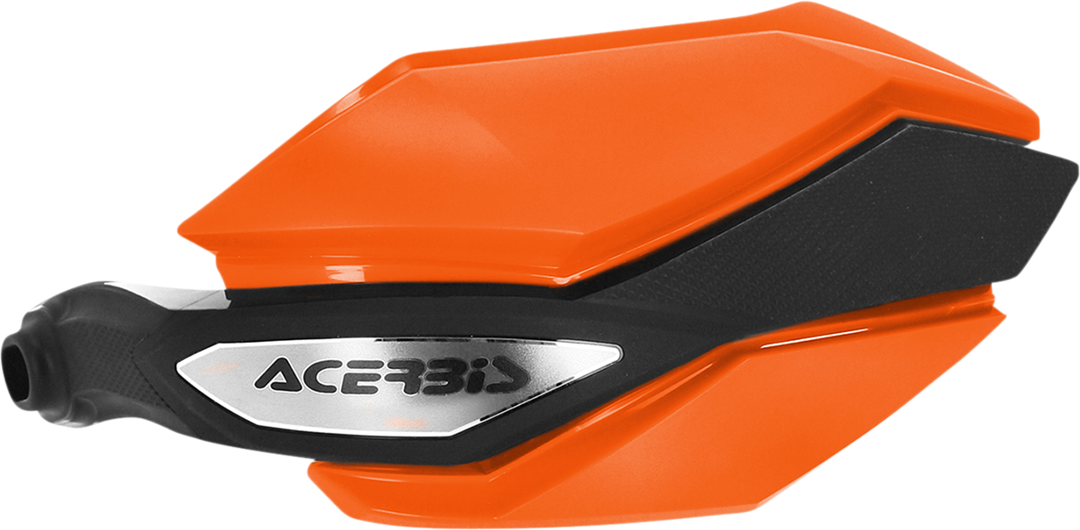 Acerbis Argon orange and black motorcycle handguards mounted on handlebars, providing protection and style.