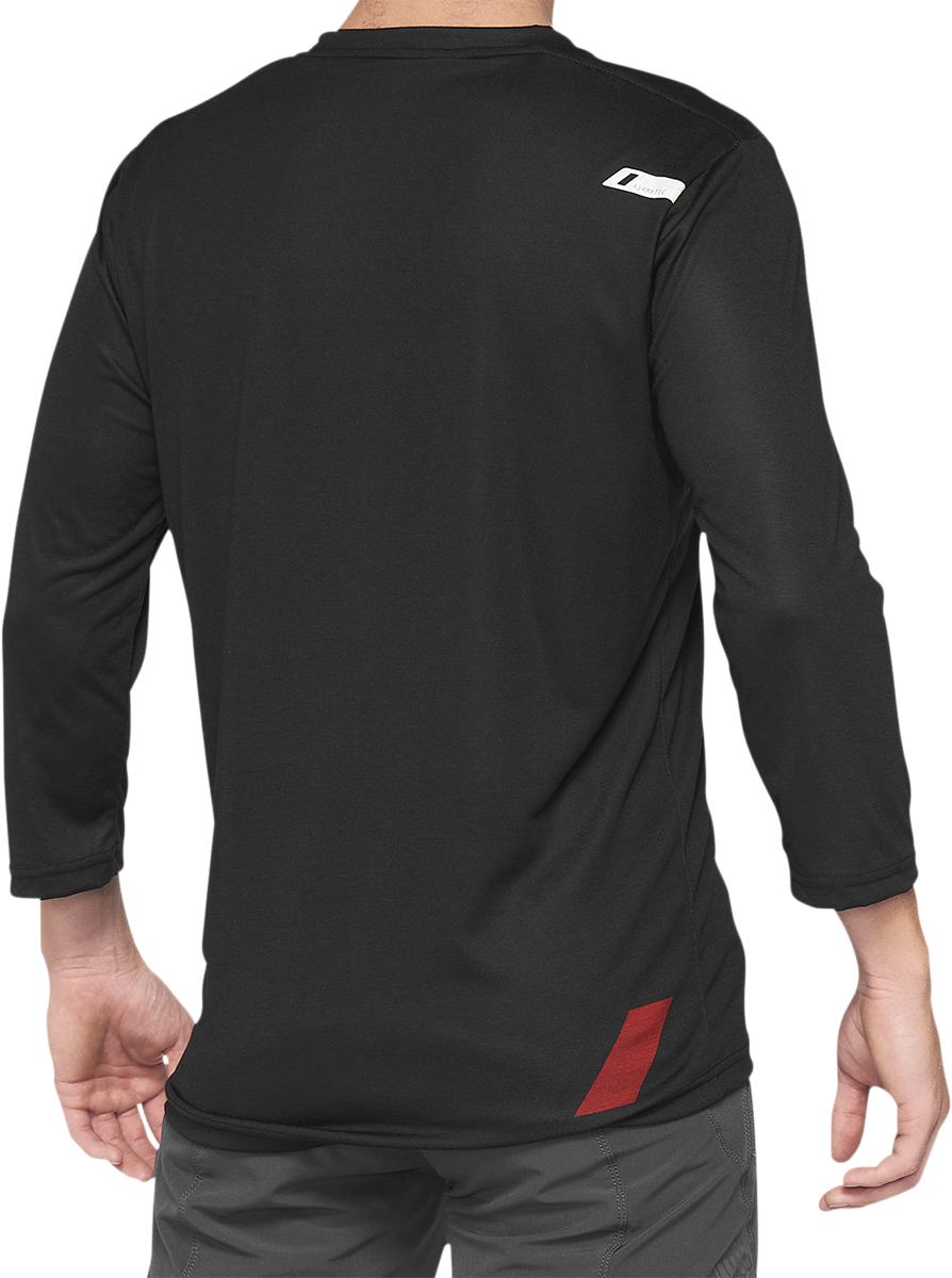 Black and red 100% Airmatic 3/4 sleeve jersey by Bill's Exhausts, displayed flat showing front design and logo.