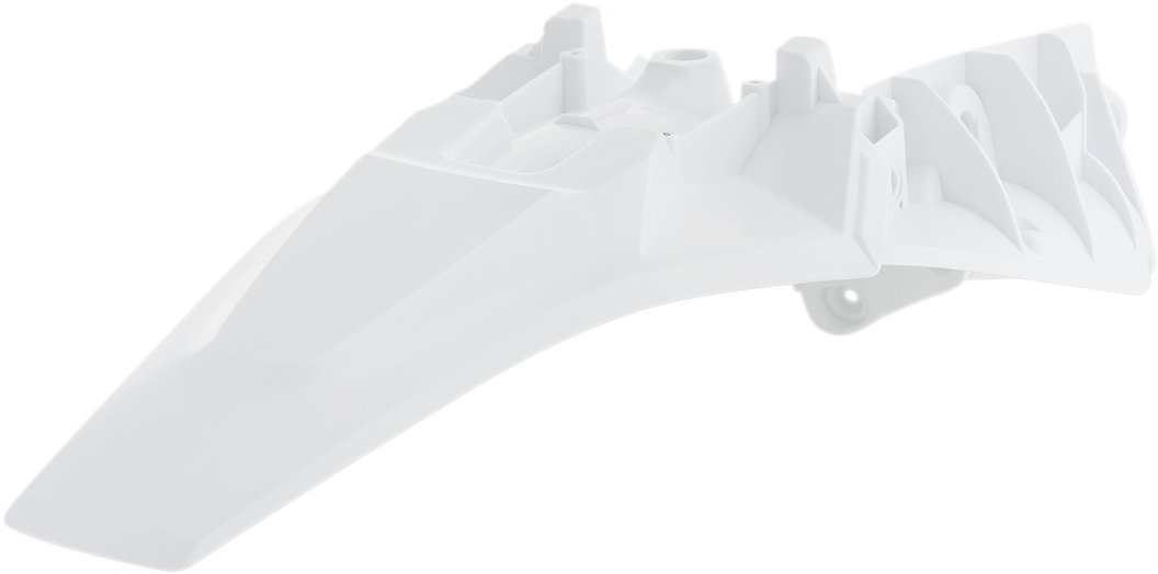 White Acerbis rear fender for motorcycle, mounted on bike body with mounting points visible, designed for durability and style.