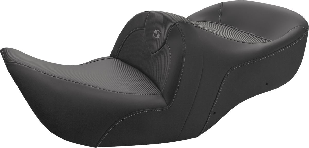 Black SADDLEMEN Roadsofa seat by Bill's Exhausts with carbon fiber finish, designed for motorcycle riding without backrest.