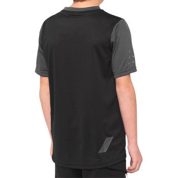 Black and charcoal short-sleeve Youth Ridecamp Jersey by Bill's Exhausts, XL size, featuring breathable fabric and sporty fit.