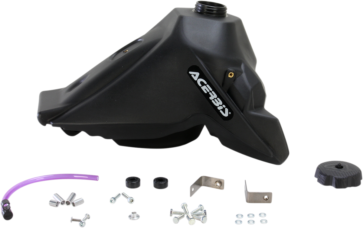 Black Acerbis gas tank for Honda motorcycles, 3.1-gallon capacity, shown with mounting details and brand markings.