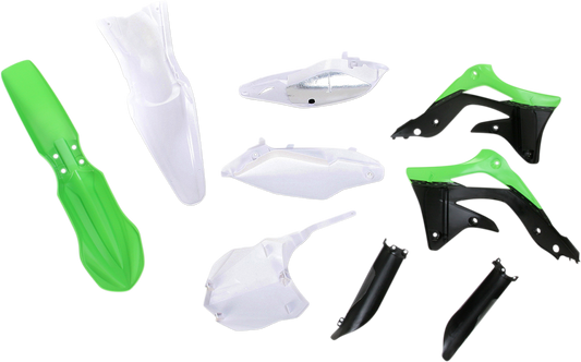 Acerbis full motorcycle body kit in white, black, and green with OEM design, displayed on a white background.