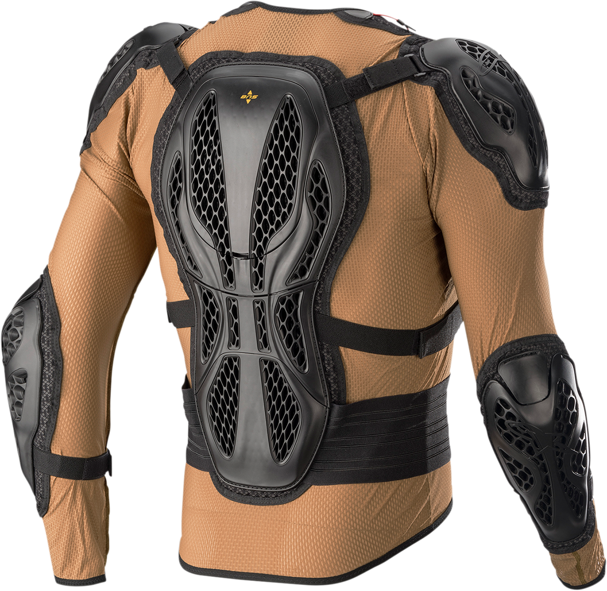 Alpinestars Bionic Action Jacket in camel and black, medium size, displayed on a hanger with a sporty design and protective features.