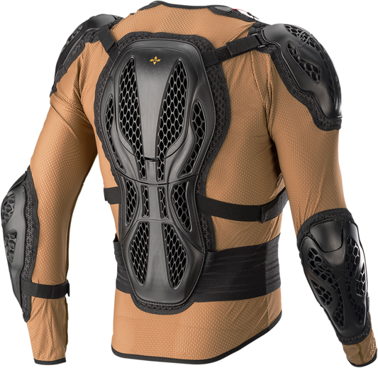 Alpinestars Bionic Action Jacket in camel and black, medium size, displayed on a hanger with a sporty design and protective features.
