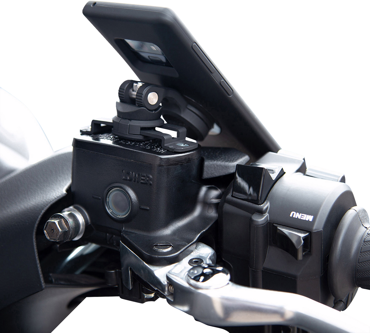 Black SP CONNECT Brake Phone Mount by Bill's Exhausts attached to a bike handlebar for secure smartphone holding.
